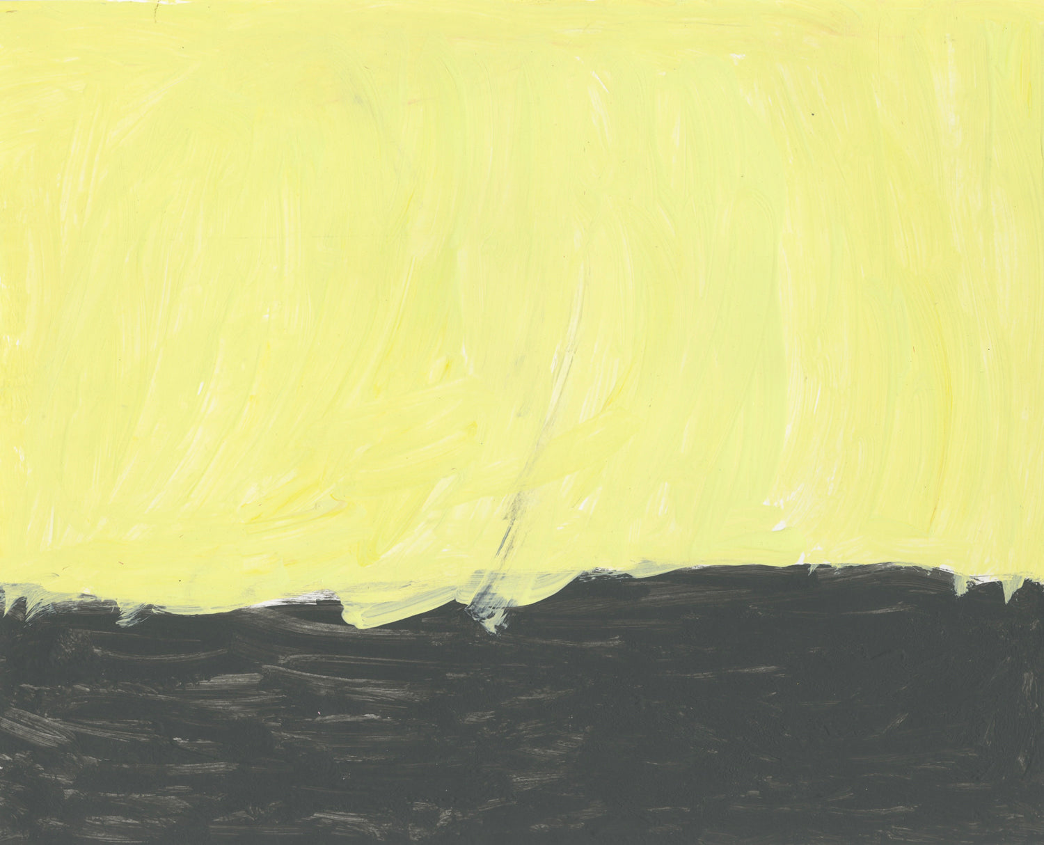 a minimal color field painting of two horizontal stripes: a large yellow stripe painted across the top and a thinner grey stripe going the length of the bottom edge. The brushwork is expressive, applied in mottled dashes that seem like ocean waves or a landscape rushing past a window.