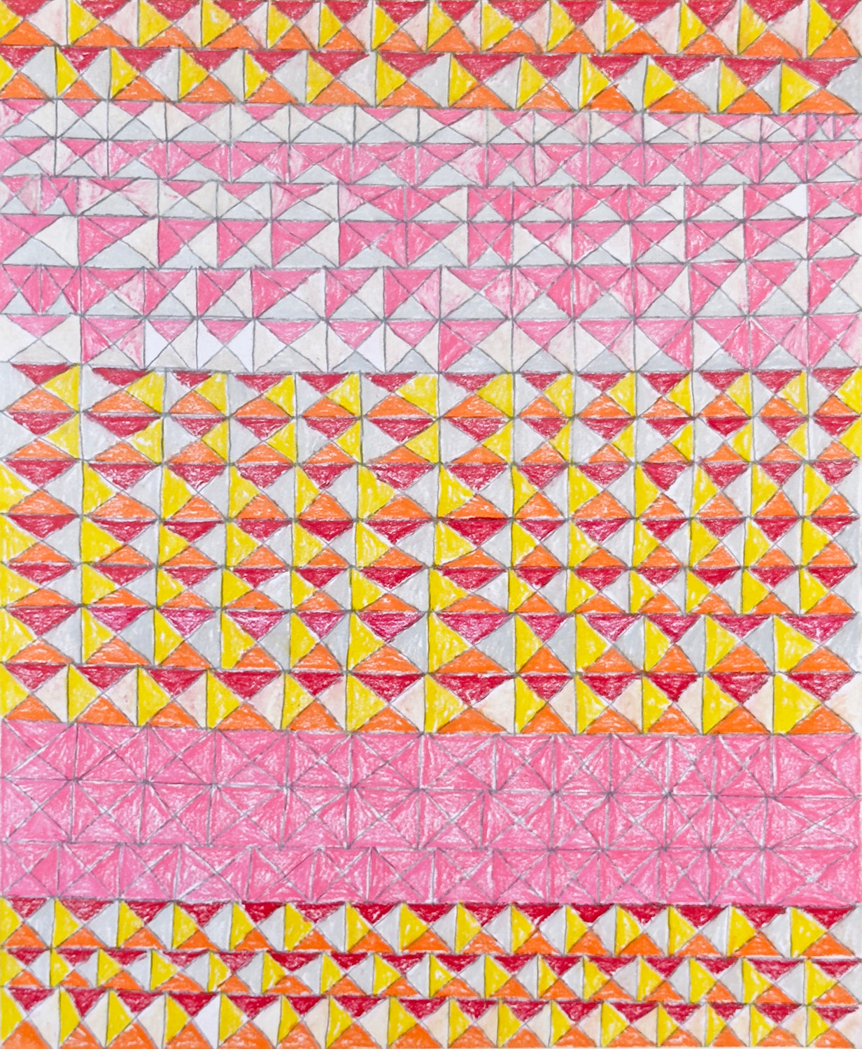 row after row after row of boxes divided into diamonds divided into triangles, in alternating sherbet shades of pink, orange, yellow, along with some gray and bright red.