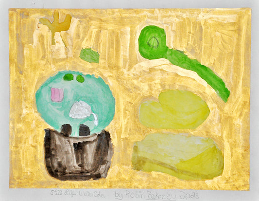 a rectangular painting with a light gray border and bright gold background. Various green, yellow, teal and black objects fill the surface.