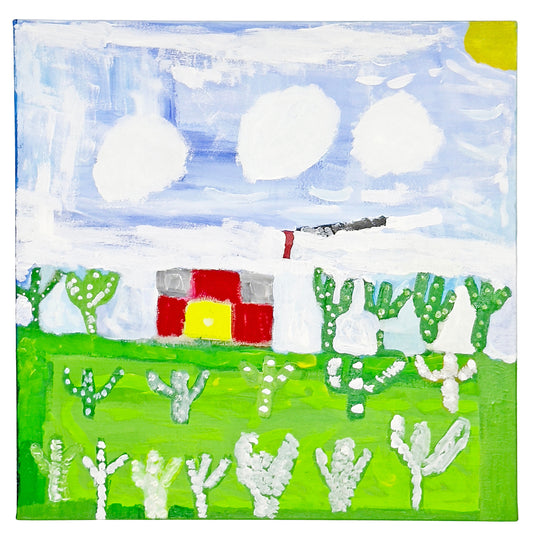 a square painting with a light blue and white sky and green lawn. A red and yellow house sits in the middle of the image with green cacti filling the bottom half of the surface. 