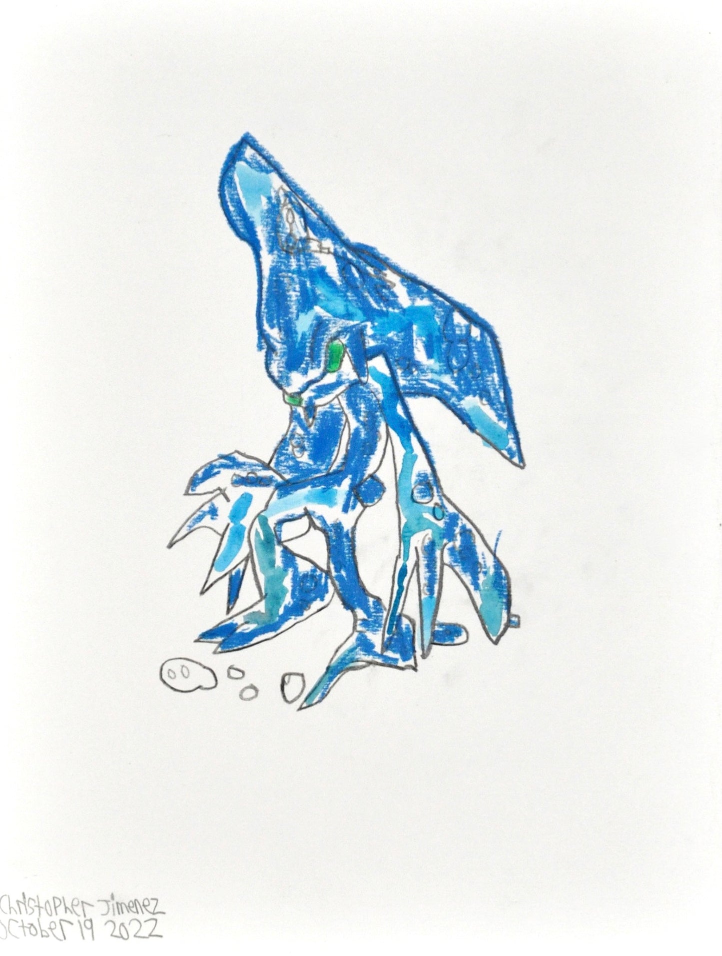 A blue humanoid creature with green eyes and a green nose, drawn in the center of a white paper. The creature is slightly hunched forward, with its large hands extended and pointed downwards. The creature appears to be looking down at four pebble-like shapes. 