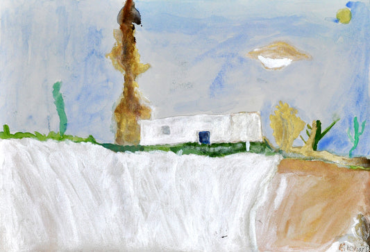 a landscape painting with a washed light blue and gray sky and a green horizon line reaching the edges of the painting. A rectangular, white house with a blue door sits on the horizon with several brown and green trees surrounding it and a white and tan ground underneath it. 