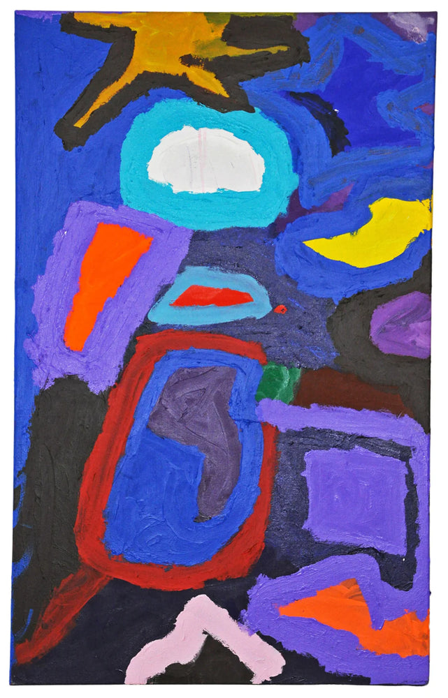 An abstract acrylic painting on a tall rectangular canvas. The paint is applied thickly with a large brush. The image features multiple oblong shapes, colored orange, yellow, or white and outlined in blue, red, or purple. The background is mostly shaded blue and black. There is a bright orange star shape peeking in from the top edge of the painting. 