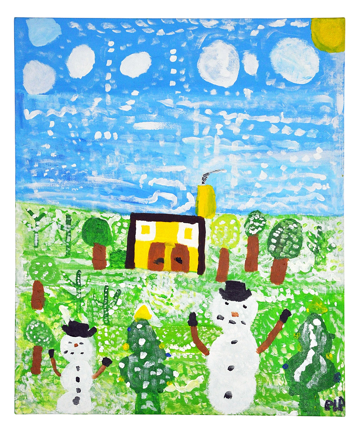 a rectangular painting with a blue sky and green grass in the background. There is a yellow house in the center. surrounded by trees. There are also two white snowmen toward the bottom of the surface. 