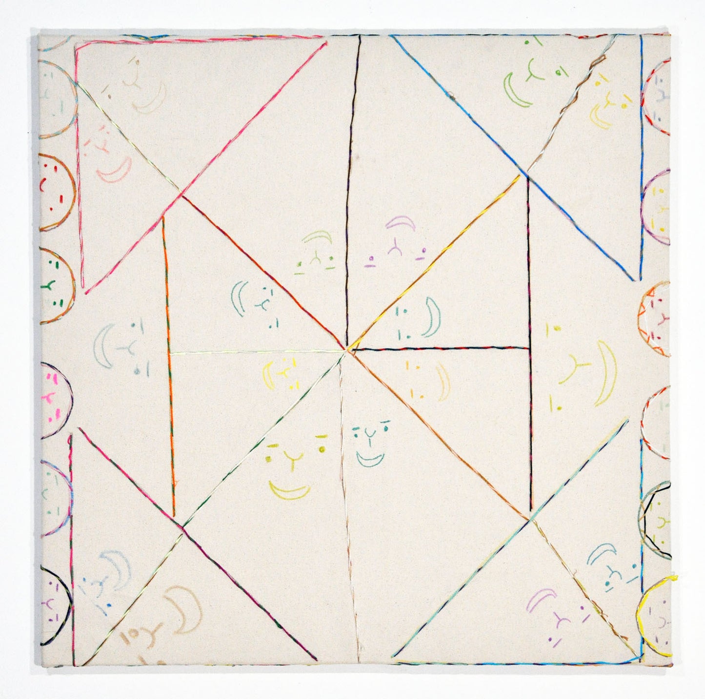 A square composition that features semi circles bordering the left and right sides of the canvas. Each semi circle is a different color and has small face with eyes and a nose, as if someone is peeking over an edge. The work features stitched, colorful thread that forms an abstract composition, there are many triangles but it is also spare. There are additional smiling faces drawn throughout the piece. 