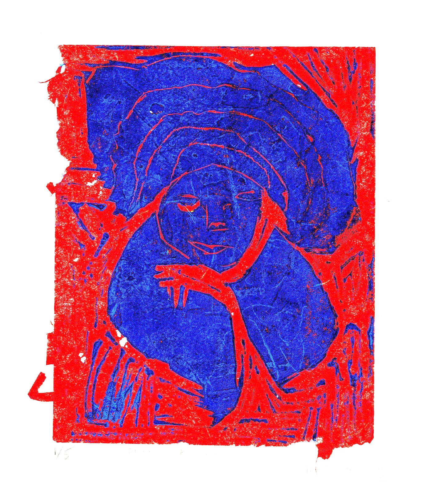 Rectangular print with a thick white border and bright red background with dark blue streaks. A dark blue figure is shown in the center from its hair to its shoulders.