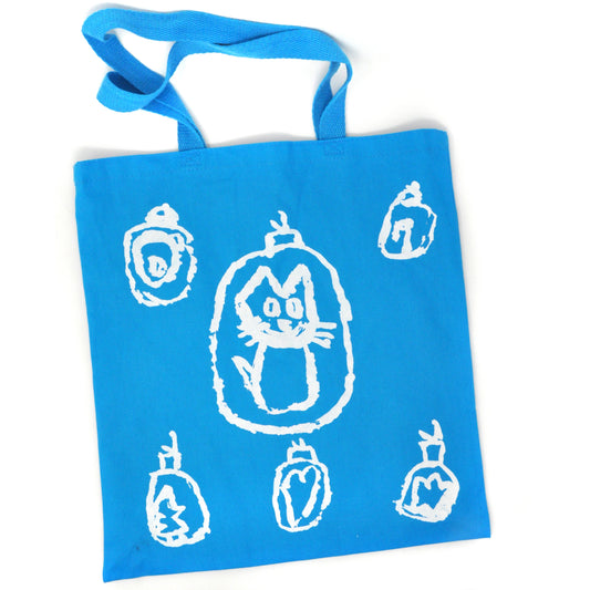 Tote Bag: Holiday Tree Ornaments (White on Blue)