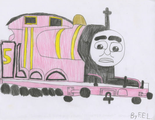 a colored pencil drawing on white paper. The image is of an old-fashioned train engine character from the series Thomas the Tank Engine and Friends. This character has a large round face with wide eyes and a tall black pipe extending upwards like a hat. The body of the train engine is colored light pink with yellow stripes. The engine has many small round wheels. 