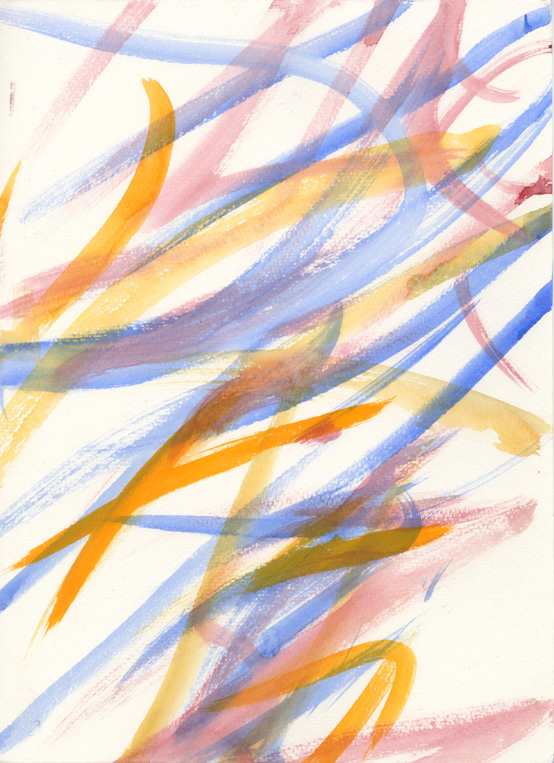 a colorful painting on a white piece of paper. The image is abstract and made with watercolors. Ribbons of blue, orange, and red swirl around the page and intertwine with one another. The white of the page is visible between these curling forms. 