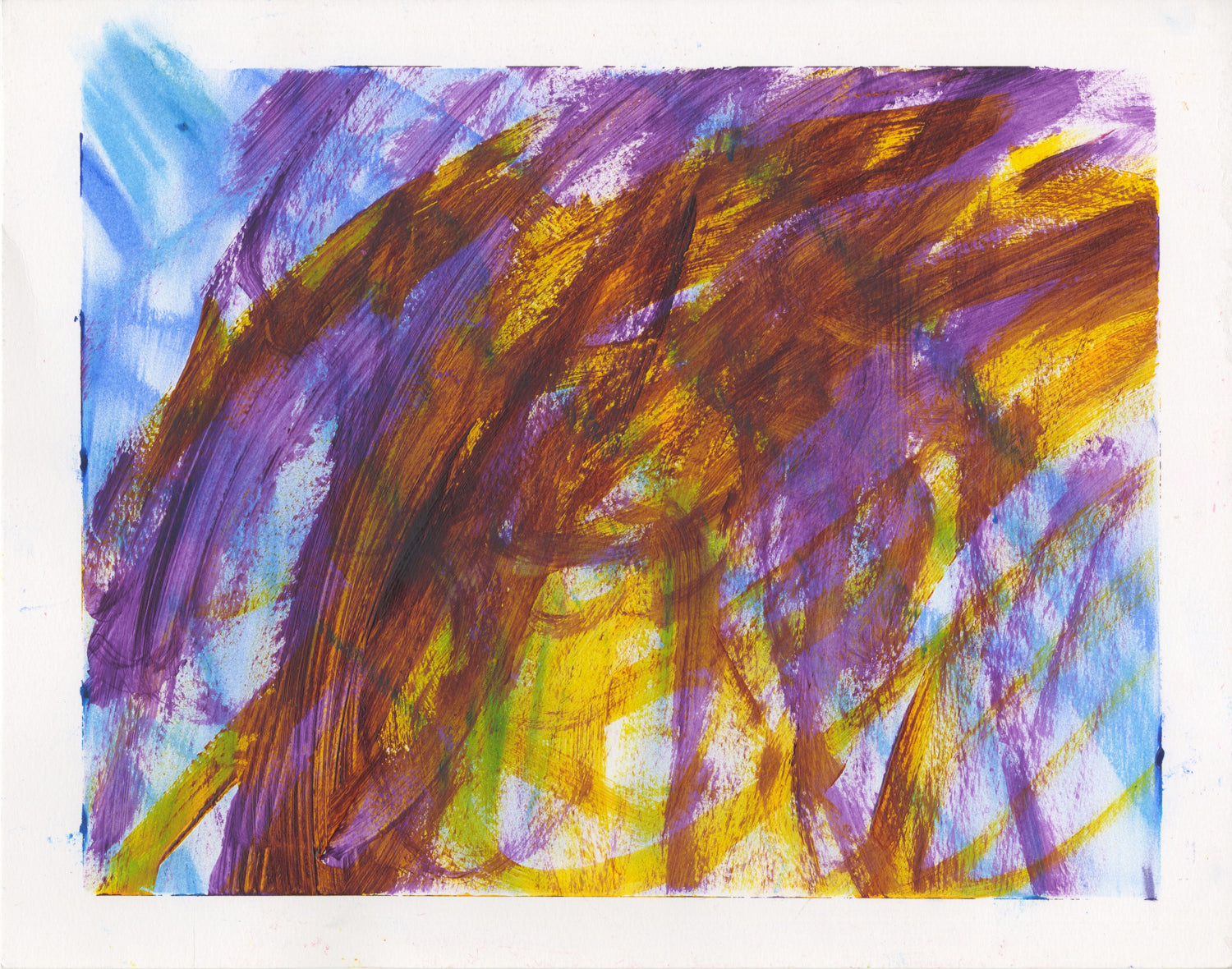 An abstract painting on a horizontal rectangle of white paper. The image is bold and energetic: stripes of bright purple, orange, and yellow paint intertwine and arc across the surface of the paper. Behind these brush strokes is a field of light blue color, applied in softly smudged pastel. 