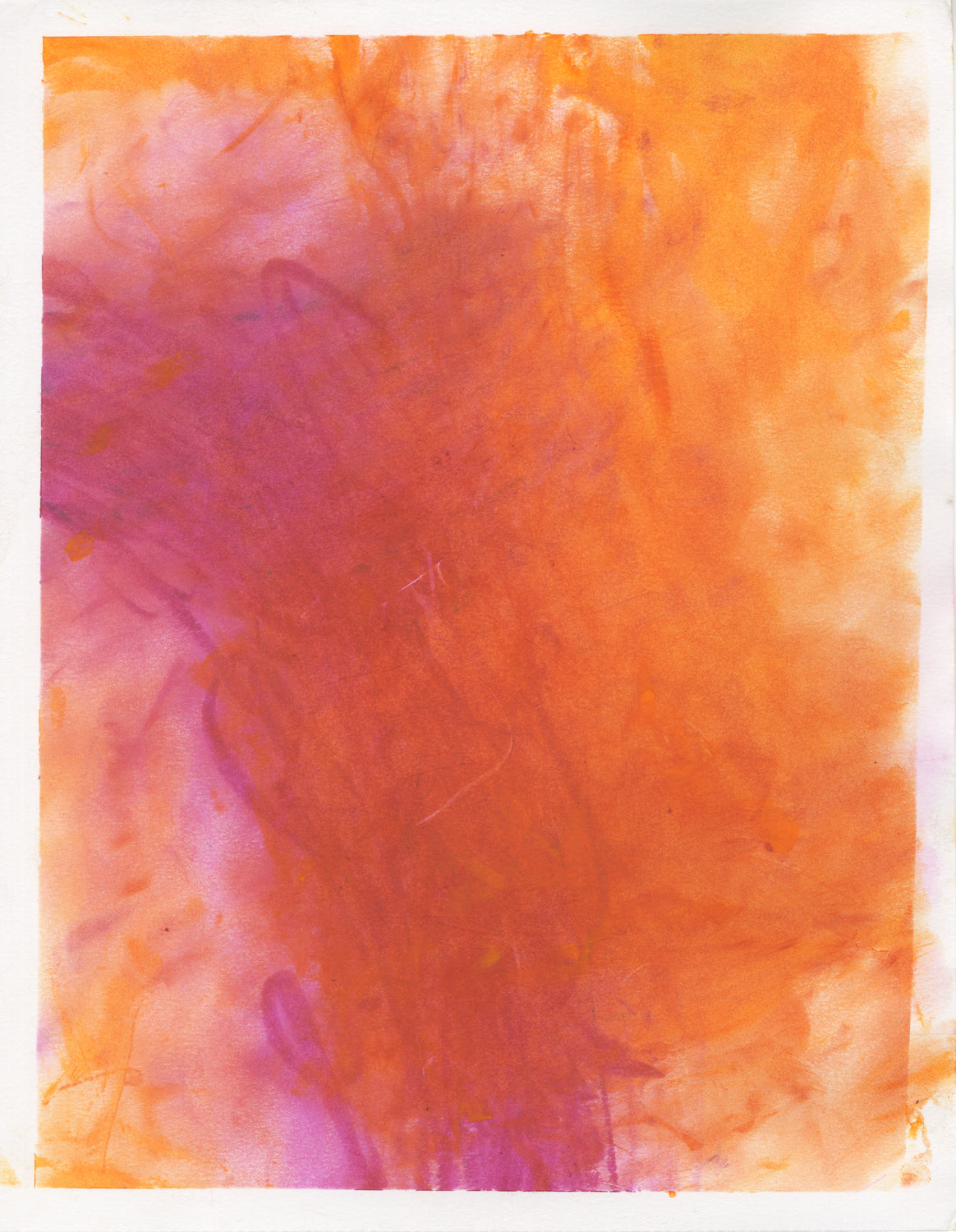 a pastel drawing on a tall rectangular piece of white paper. The image is abstract and atmospheric: a soft cloud of color fading from orange to pink to orange again. There are a few small incised marks in the center of the drawing, likely produced when the artist scratched their fingers and ring jewelry into the surface. A white border was taped off around the colored area.