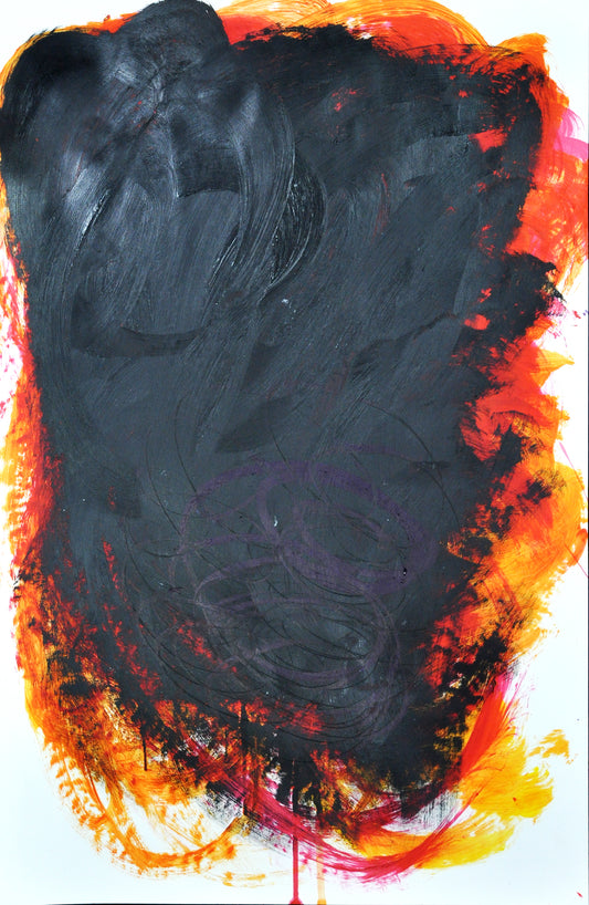 a swirling mass of black paint on top of red and yellow gestural marks made in pastel on white paper.