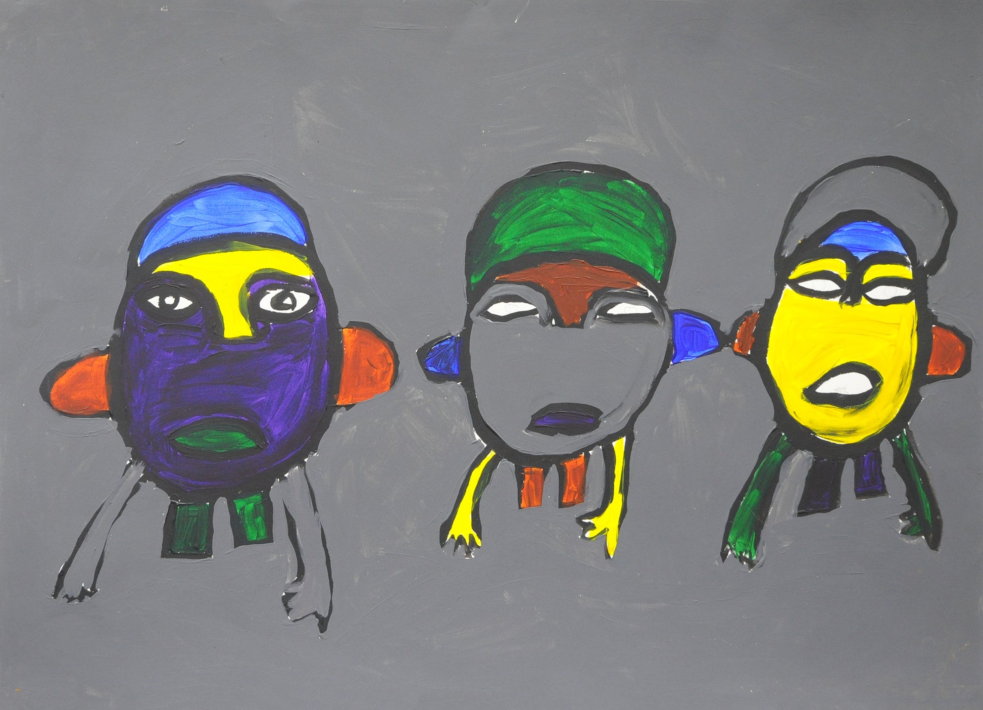 Three figures on a gray background with large ovular faces, elongated arts, short stubby legs without feet. The figure on the left has a dark purple face, intently staring eyes, prominent orange ears, a green mouth, green legs, yellow nose and a bright blue baseball cap-like object on their head. The other two figures are similarly shaped and colored in different combinations, but lack pupils in their eyes.