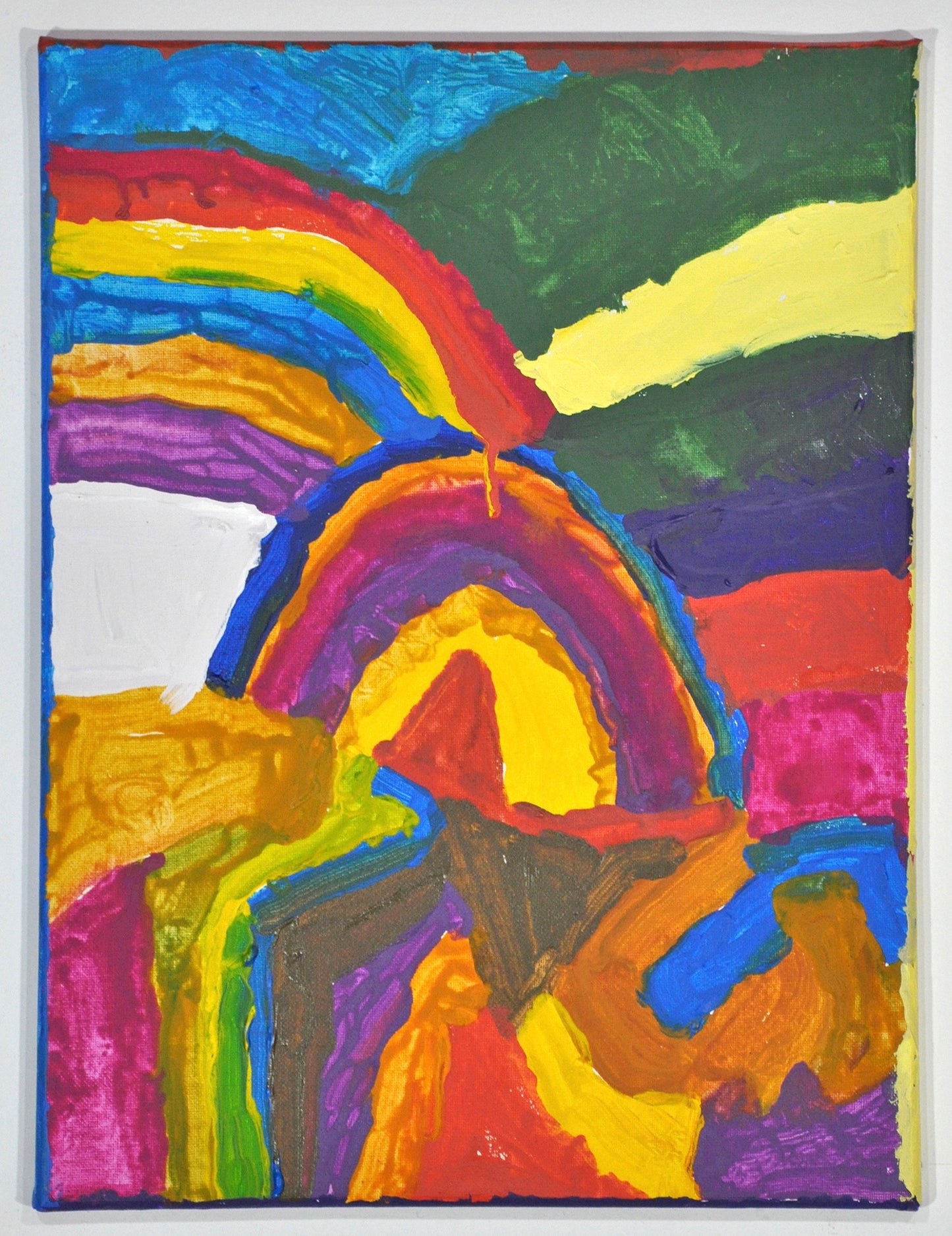 A painting on canvas: rainbow stripes curve in from all sides and fill the canvas surface. A classic hill shaped rainbow is at the center, and the bottom half of the painting is crowded with irregular shapes each painted a different color.