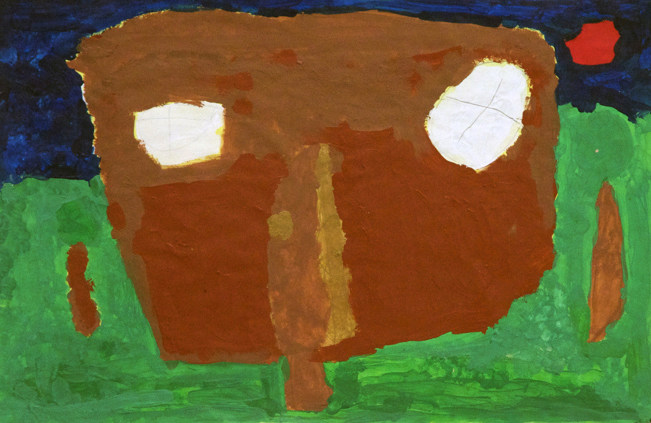 a painting on paper. The image features a dark blue sky with a red sun, a green field, and in the center a large brown shape representing a house. The house has two white windows that resemble eyes, a thin tan sliver possibly indicating a doorframe, and a little gold door knob. There is a tree painted on either side of the house. 